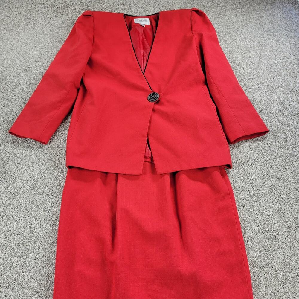 Vintage Karen Scott Womens Suit 8 Red Black Piping Single Button Jacket Skirt